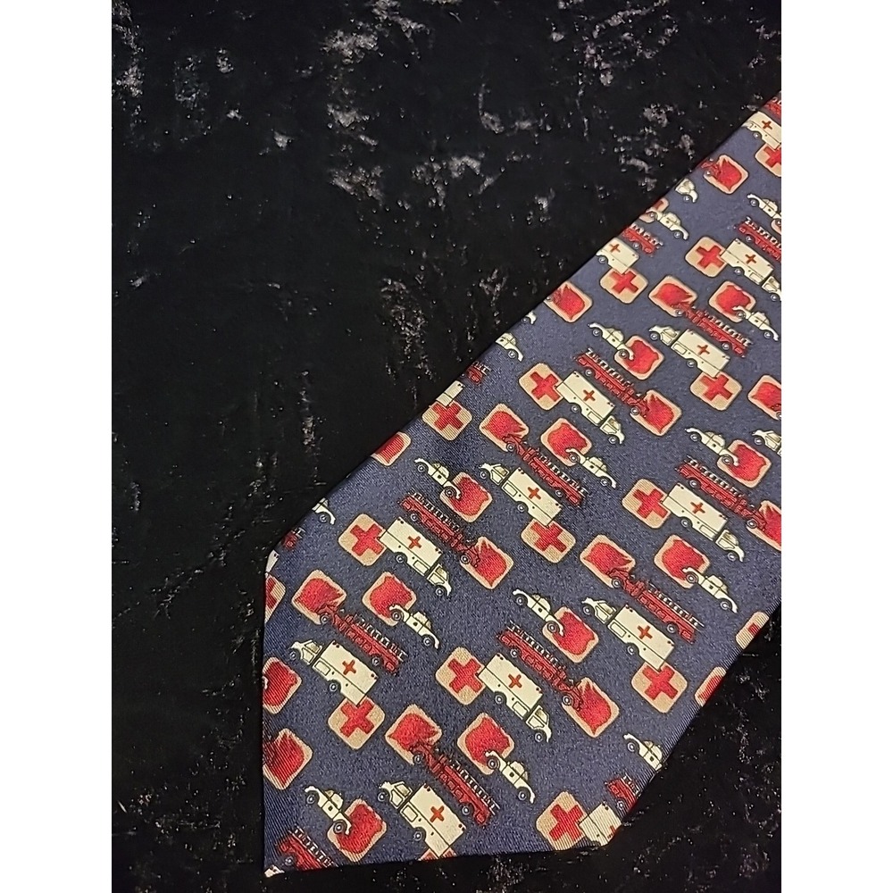 Vintage Tie Tree Mens Neck Tie Blue Red Ambulance Firefighter First Responder